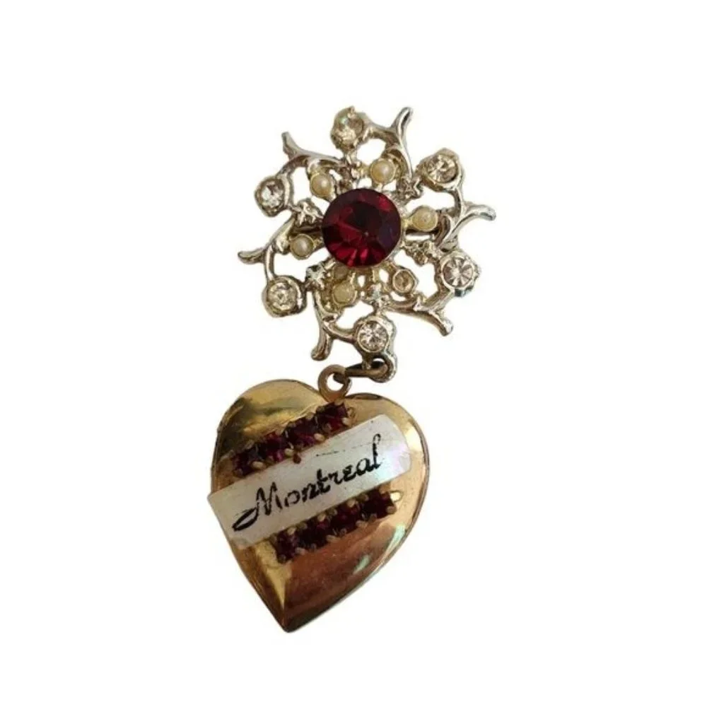 Vintage Montreal‎ Canada Jewelry Brooch Heart Locket Pin Brooch Red Clear Dangle